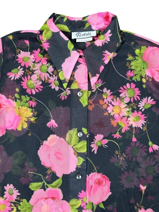 Feminine Floral Peony Print Black 70s Collared Long Sleeve Blouse - Picture 3 of 4